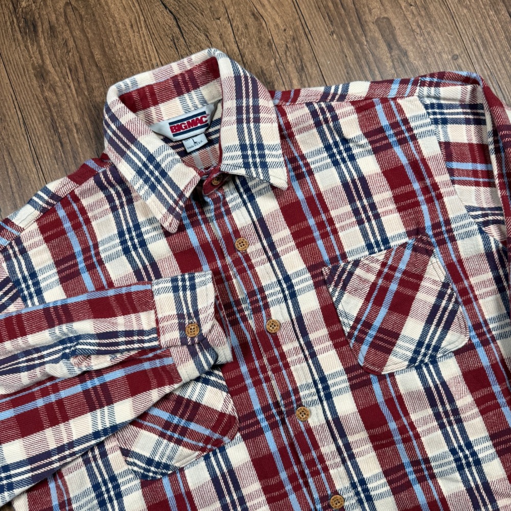 Vintage Big Mac Flannel Shirt Mens L Red Blue Plaid Pocket Made in USA JCPenney